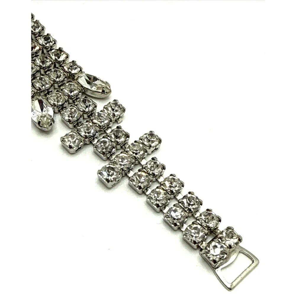 Vintage Clear Crystal Rhinestone Cocktail Bracelet Silver Tone Statement 7